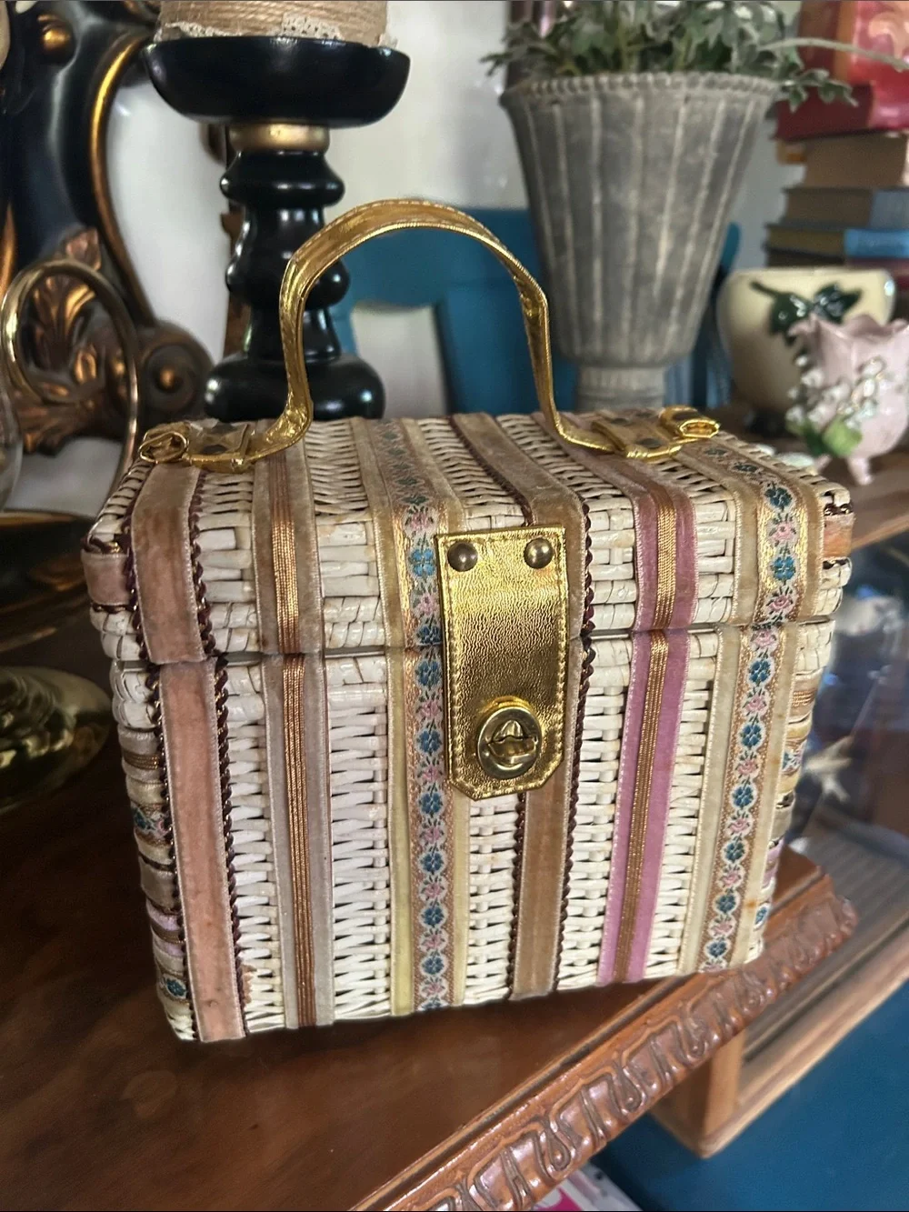 Vintage Woven Wicker Box Handbag with Ribbon Trim